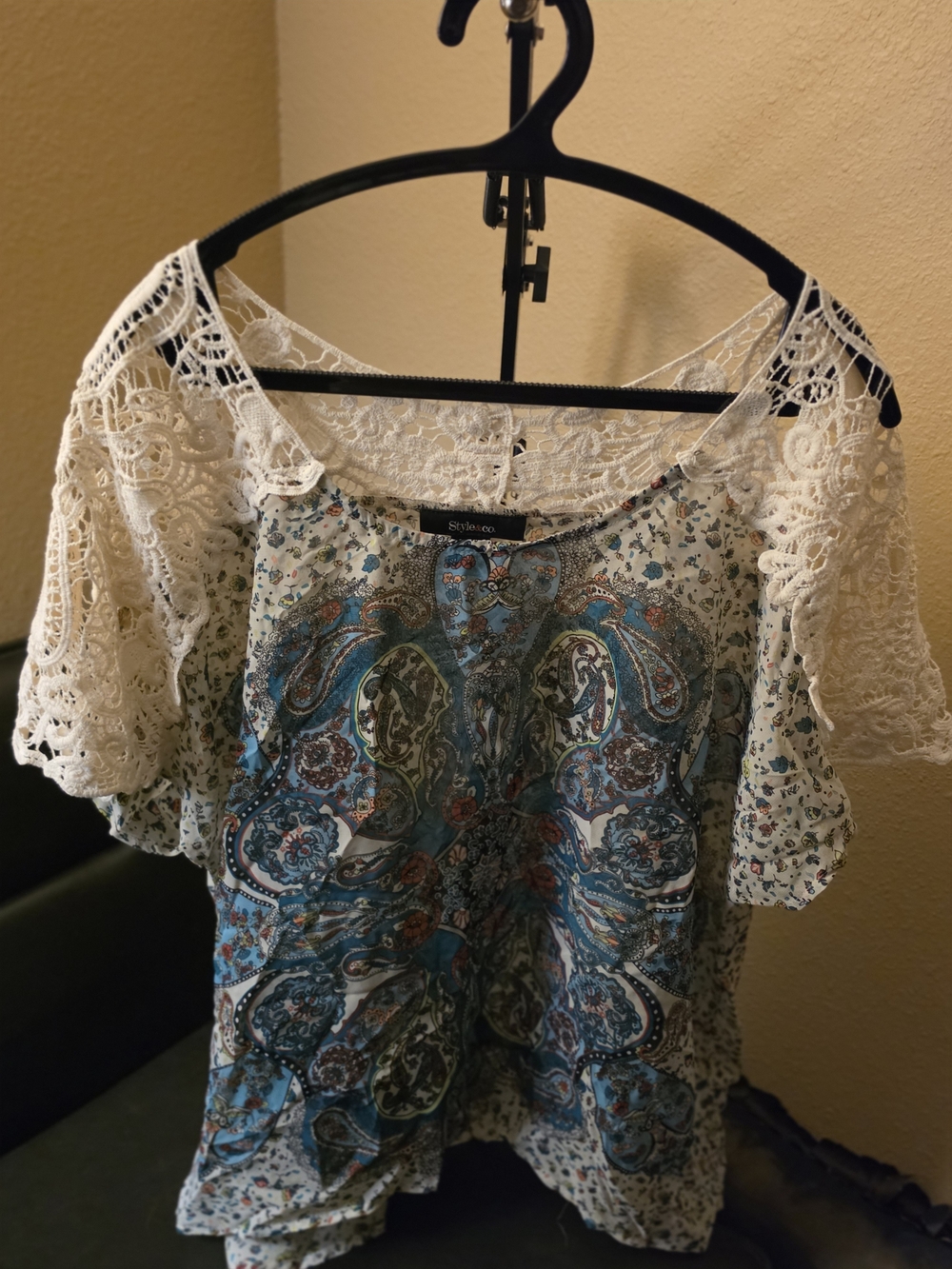 Style & Co. Cream Lace Sleeve Paisley Print Blouse